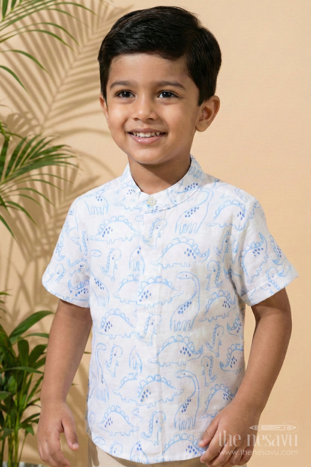The Nesavu Boys Cotton Shirt Boys Dinosaur Print Muslin Shirt for Playful Everyday Dressing Nesavu 16 (1Y) / Blue BS335A-16 Nesavu boys muslin cotton shirt dinosaur print playtime birthday parties casual wear