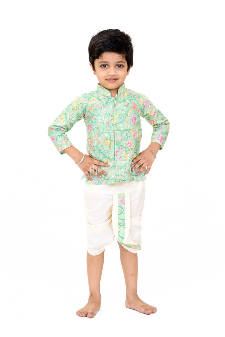 The Nesavu Boys Dothi Set Boys Dothi Set in Green Blend Silk with Floral Embroidered Shirt and Cream Dothi for Traditional Events Nesavu 10 (NB) / Green BES591A-10 Nesavu Boys Green Blend Silk Dothi Set Floral Embroidered Shirt Traditional Events Ceremonies