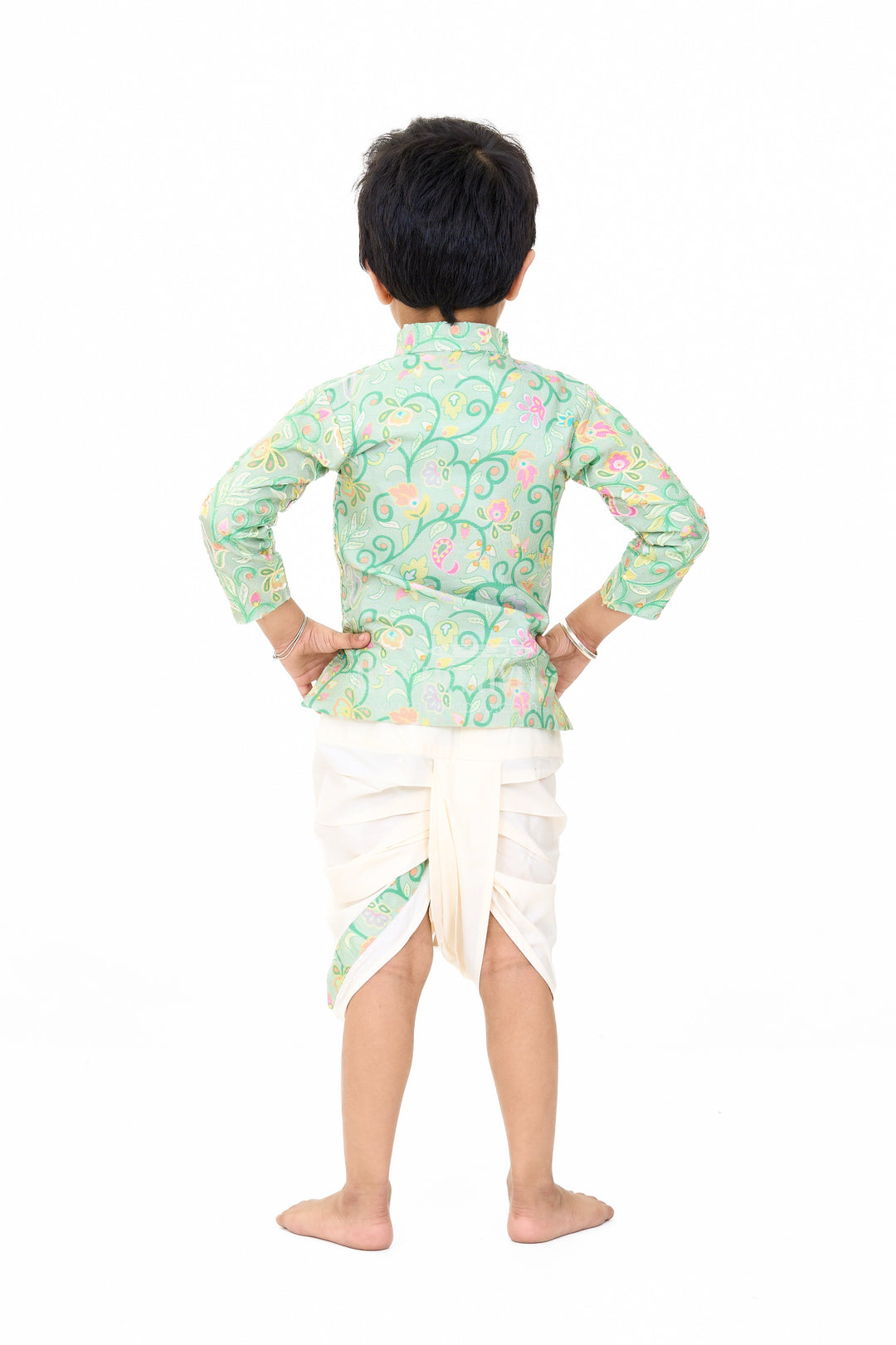 The Nesavu Boys Dothi Set Boys Dothi Set in Green Blend Silk with Floral Embroidered Shirt and Cream Dothi for Traditional Events Nesavu Nesavu Boys Green Blend Silk Dothi Set Floral Embroidered Shirt Traditional Events Ceremonies