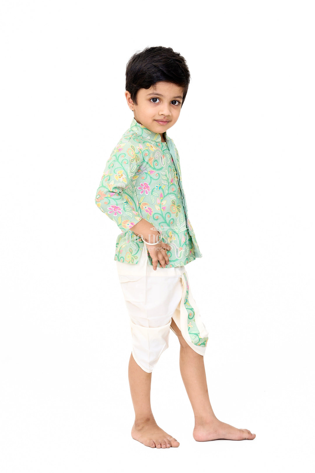 The Nesavu Boys Dothi Set Boys Dothi Set in Green Blend Silk with Floral Embroidered Shirt and Cream Dothi for Traditional Events Nesavu Nesavu Boys Green Blend Silk Dothi Set Floral Embroidered Shirt Traditional Events Ceremonies