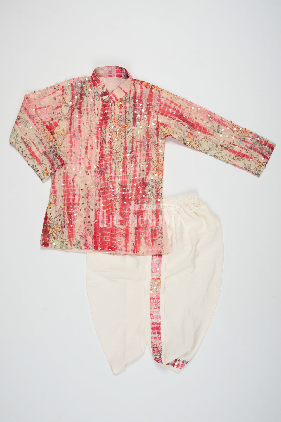The Nesavu Boys Dothi Set Boys Dothi Set in Multicolor Blend Silk with Sequined Shirt and Cream Dothi for Special Occasions Nesavu Nesavu Boys Multicolor Blend Silk Dothi Set Sequined Floral Shirt Weddings Family Events