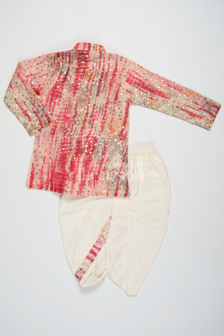 The Nesavu Boys Dothi Set Boys Dothi Set in Multicolor Blend Silk with Sequined Shirt and Cream Dothi for Special Occasions Nesavu Nesavu Boys Multicolor Blend Silk Dothi Set Sequined Floral Shirt Weddings Family Events