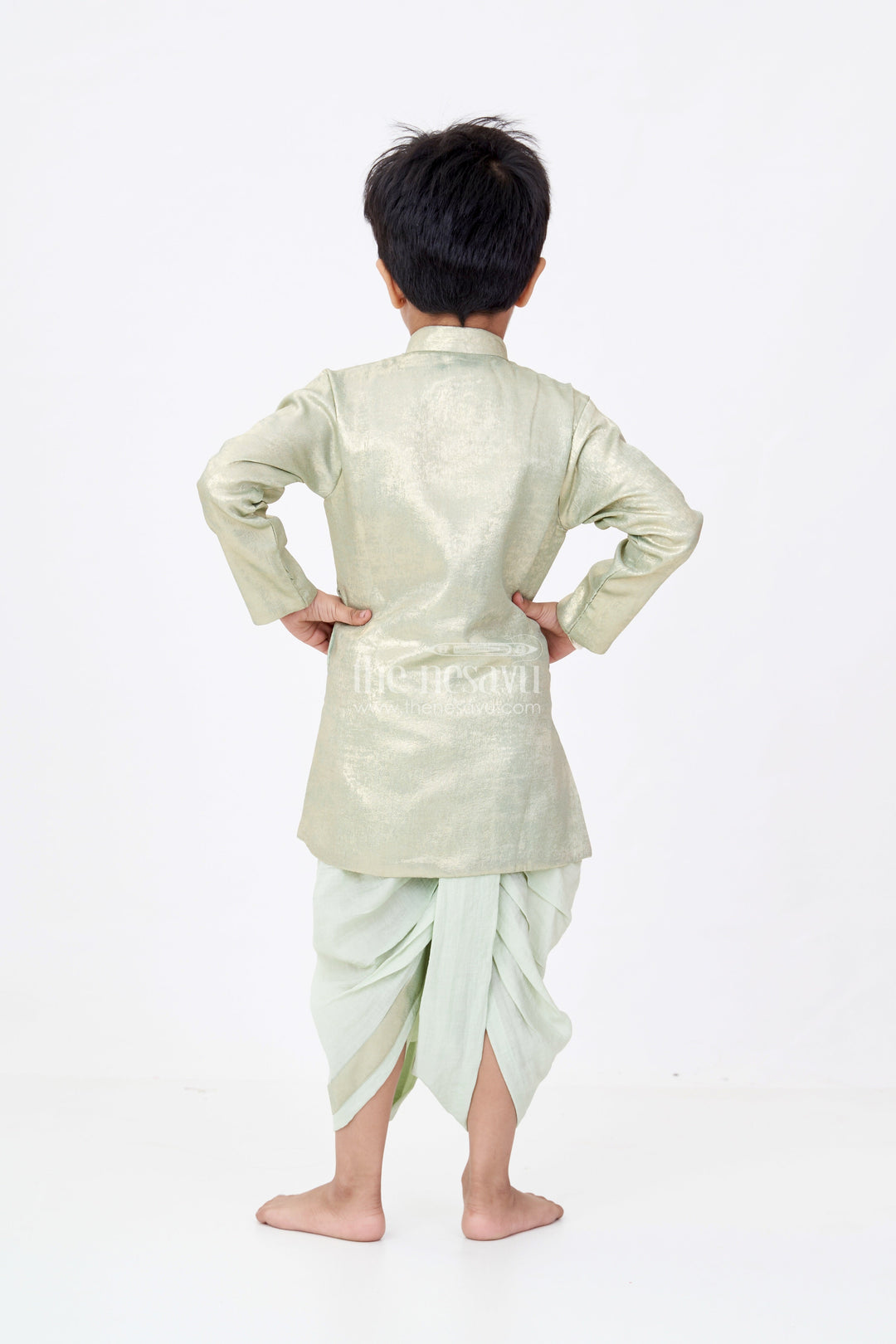 The Nesavu Boys Dothi Set Boys Dothi Set with Gold-Toned Embroidered Kurta and Green Dothi for Traditional Ceremonies Nesavu Nesavu Boys Gold-Toned Kurta Green Dothi Set Traditional Events Special Occasions