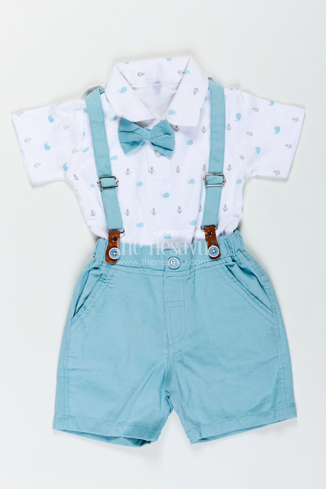 The Nesavu Boys Casual Set Boys Dress Set with Bow Tie in Mint Green Shorts and Nautical Print Polo for Smart Casual Wear Nesavu 12 (3M) / Blue BCS326B-12 Nesavu Boys Dress Set Bow Tie Mint Green Corduroy Shorts Stylish Daywear Looks