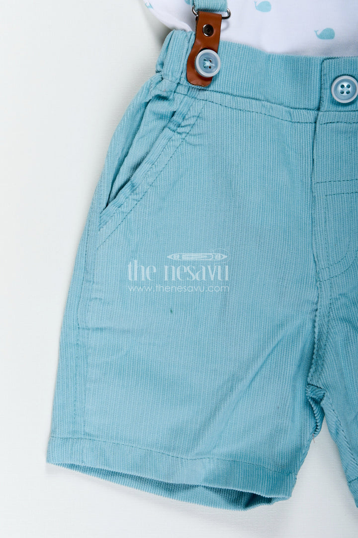 The Nesavu Boys Casual Set Boys Dress Set with Bow Tie in Mint Green Shorts and Nautical Print Polo for Smart Casual Wear Nesavu Nesavu Boys Dress Set Bow Tie Mint Green Corduroy Shorts Stylish Daywear Looks