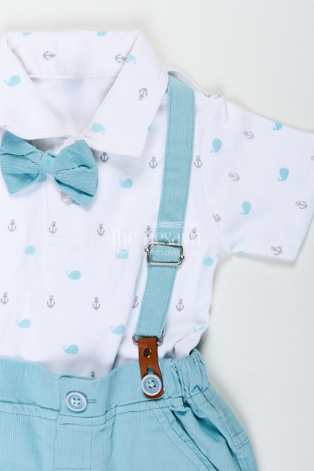 The Nesavu Boys Casual Set Boys Dress Set with Bow Tie in Mint Green Shorts and Nautical Print Polo for Smart Casual Wear Nesavu Nesavu Boys Dress Set Bow Tie Mint Green Corduroy Shorts Stylish Daywear Looks