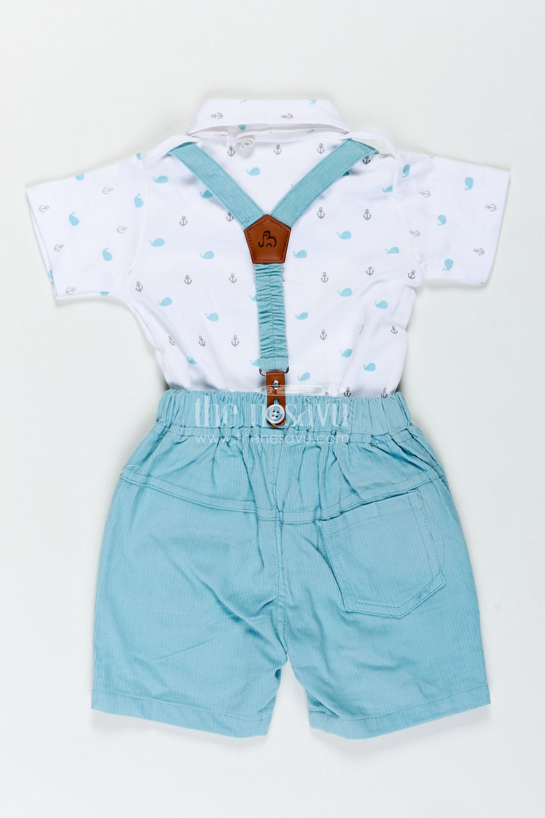 The Nesavu Boys Casual Set Boys Dress Set with Bow Tie in Mint Green Shorts and Nautical Print Polo for Smart Casual Wear Nesavu Nesavu Boys Dress Set Bow Tie Mint Green Corduroy Shorts Stylish Daywear Looks