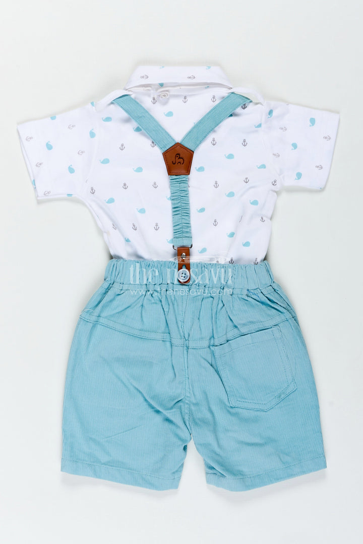 The Nesavu Boys Casual Set Boys Dress Set with Bow Tie in Mint Green Shorts and Nautical Print Polo for Smart Casual Wear Nesavu Nesavu Boys Dress Set Bow Tie Mint Green Corduroy Shorts Stylish Daywear Looks