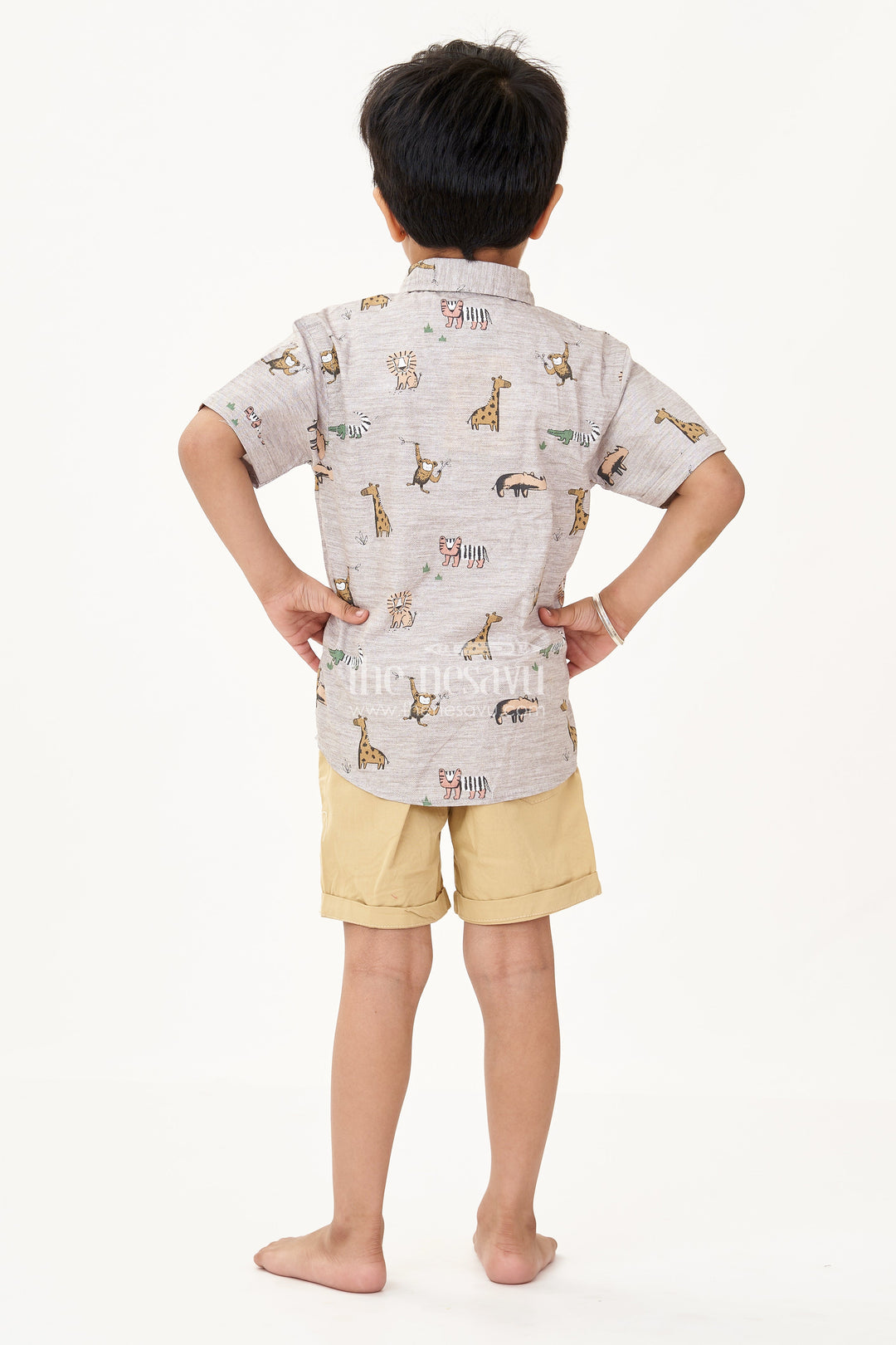The Nesavu Boys Casual Set Boys Dresses for Casual Wear with Animal Print Shirt White Graphic Tee and Mustard Shorts Nesavu Nesavu Boys Animal Print Dresses Casual Wear Graphic Tee Mustard Cotton Shorts