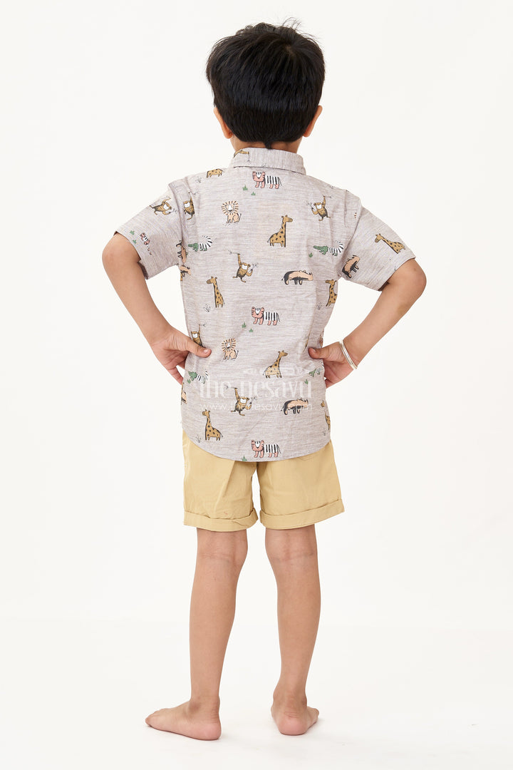 The Nesavu Boys Casual Set Boys Dresses for Casual Wear with Animal Print Shirt White Graphic Tee and Mustard Shorts Nesavu Nesavu Boys Animal Print Dresses Casual Wear Graphic Tee Mustard Cotton Shorts