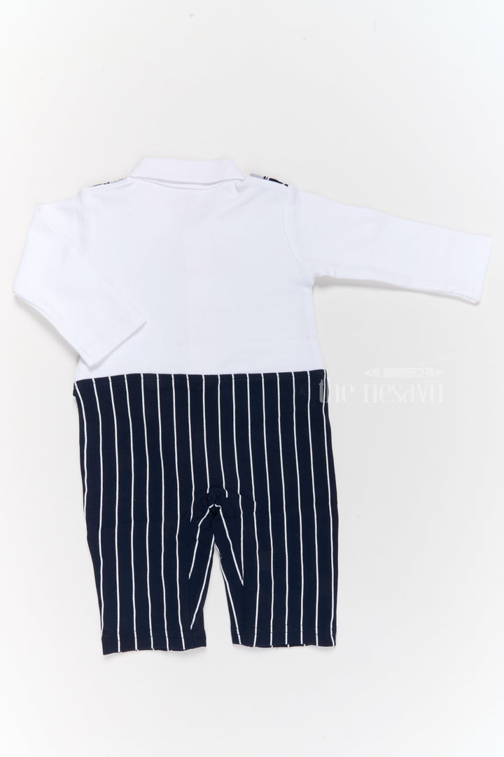The Nesavu Boys Casual Set Boys Dungaree Styling Set with White Shirt and Black Striped Overalls for Trendy Wear Nesavu Nesavu Boys Dungaree Styling Set White Cotton Shirt Black Striped Overalls Red Bow Tie