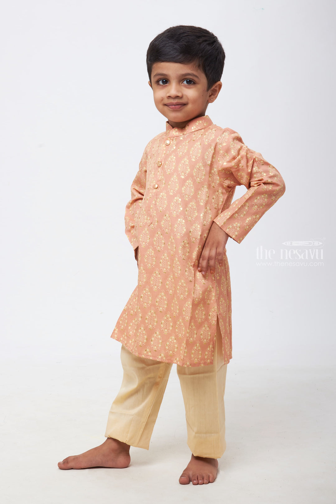 The Nesavu Boys Kurtha Set Boys' Dusty Rose Kurta with Royal-Inspired Motifs & Ivory Pant Set Nesavu Dashing Looks for Little Men | Boys Designer Kurta with Pant | The Nesavu