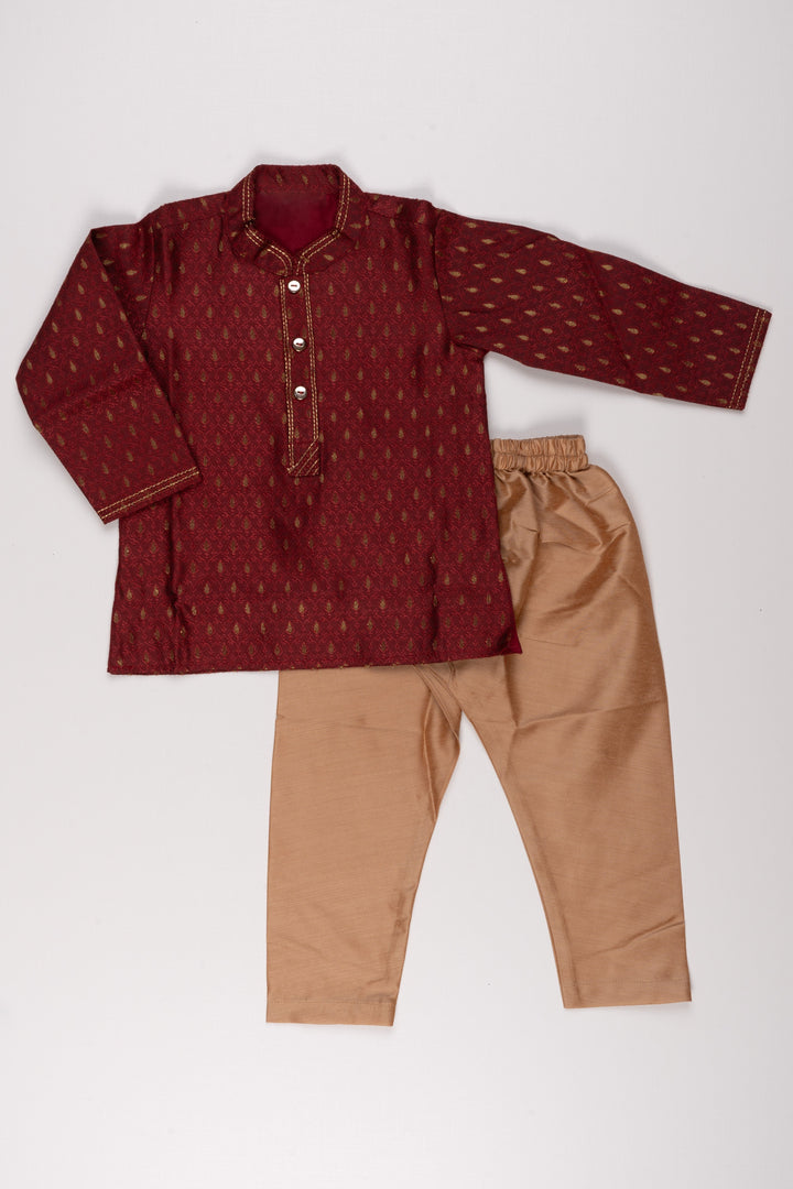 The Nesavu Boys Kurtha Set Boys Elegant Butta Printed Maroon Kurta with Beige Pant Set Nesavu 14 (6M) / Maroon / Silk Blend BES405A-14 Boys Butta Printed Maroon Kurta Set: Mandarin Collared with Beige Pants - Traditional Festive Elegance | The Nesavu