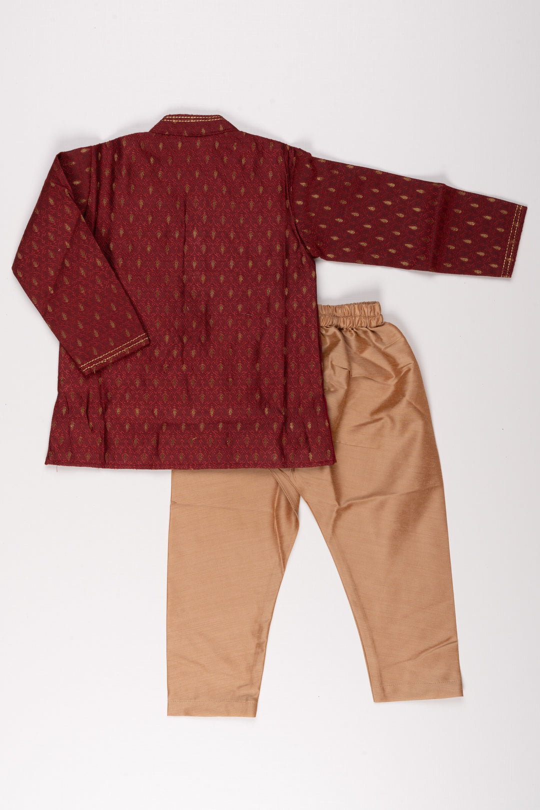 The Nesavu Boys Kurtha Set Boys Elegant Butta Printed Maroon Kurta with Beige Pant Set Nesavu Boys Butta Printed Maroon Kurta Set: Mandarin Collared with Beige Pants - Traditional Festive Elegance | The Nesavu