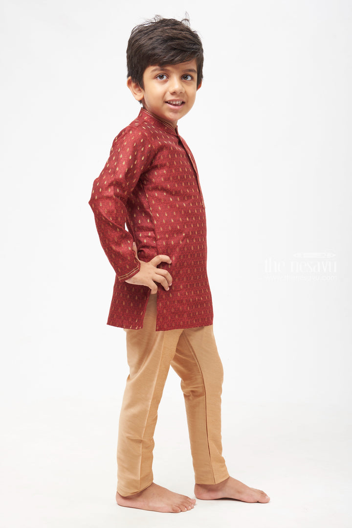 The Nesavu Boys Kurtha Set Boys Elegant Butta Printed Maroon Kurta with Beige Pant Set Nesavu Boys Butta Printed Maroon Kurta Set: Mandarin Collared with Beige Pants - Traditional Festive Elegance | The Nesavu