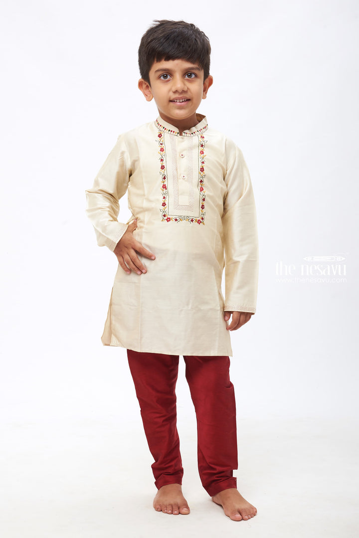 The Nesavu Boys Kurtha Set Boys' Elegant Cream Kurta with Rich Maroon Pants - Classic Ethnic Set Nesavu 14 (6M) / Half white BES429C-14 Boys' Cream and Maroon Ethnic Kurta Set for Special Occasions | The Nesavu