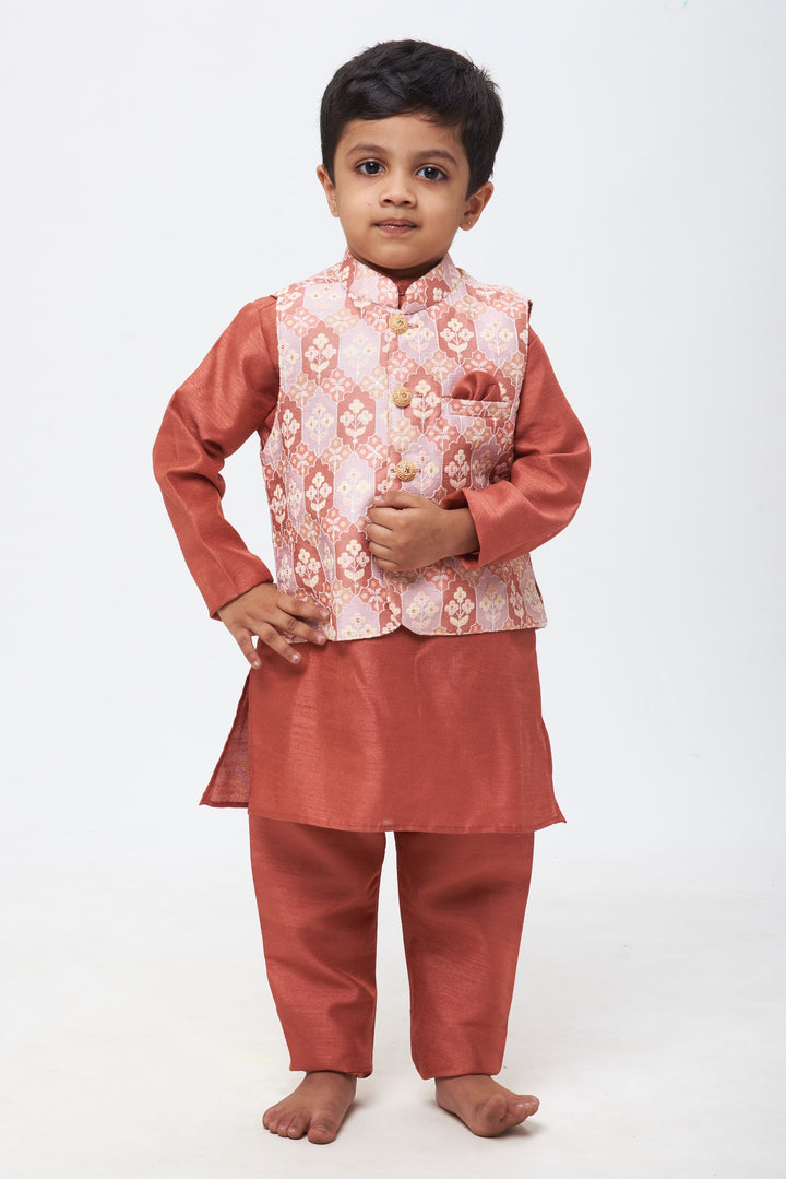 The Nesavu Boys Jacket Sets Boys' Elegant Ensemble: Embroidered Pink Kurta & Trousers Set with Lustrous Floral Designs Nesavu 12 (3M) / Pink / Silk Blend BES418C-12 Boys Classic Kurta & Pant with Overcoat Combo | The Quintessential Indian Attire | The Nesavu