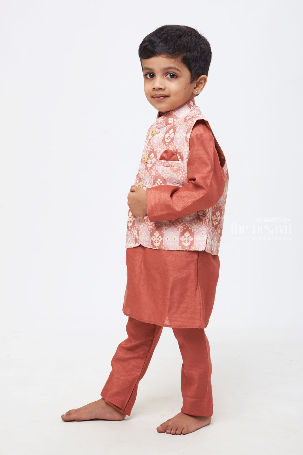 The Nesavu Boys Jacket Sets Boys' Elegant Ensemble: Embroidered Pink Kurta & Trousers Set with Lustrous Floral Designs Nesavu Boys Classic Kurta & Pant with Overcoat Combo | The Quintessential Indian Attire | The Nesavu