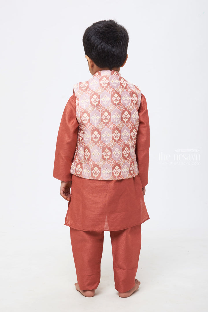 The Nesavu Boys Jacket Sets Boys' Elegant Ensemble: Embroidered Pink Kurta & Trousers Set with Lustrous Floral Designs Nesavu Boys Classic Kurta & Pant with Overcoat Combo | The Quintessential Indian Attire | The Nesavu