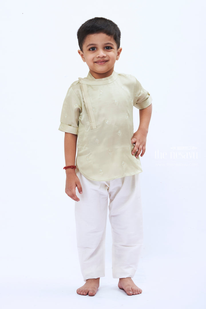 The Nesavu Boys Kurtha Shirt Boys Elegant Green Silk Kurta Shirt with Embellishment Nesavu 16 (1Y) / Green / Blend Silk BS122A-16 Boys Silk Kurta | Luxurious Traditional Shirt for Special Occasions