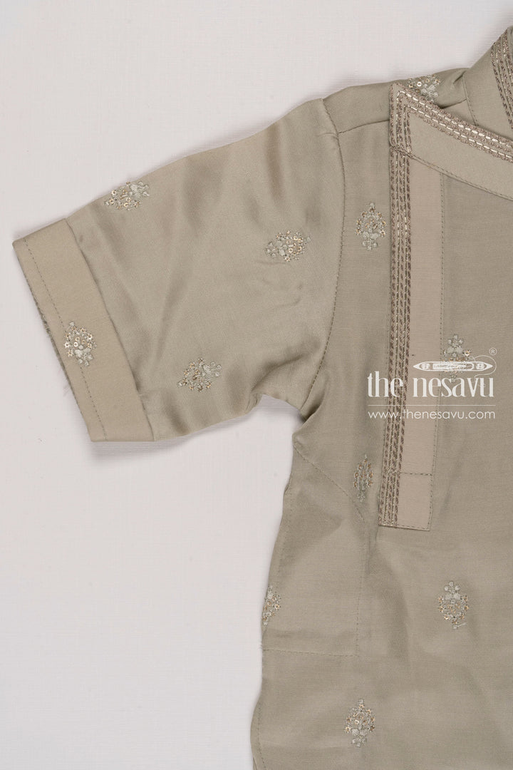 The Nesavu Boys Kurtha Shirt Boys Elegant Green Silk Kurta Shirt with Embellishment Nesavu Boys Silk Kurta | Luxurious Traditional Shirt for Special Occasions