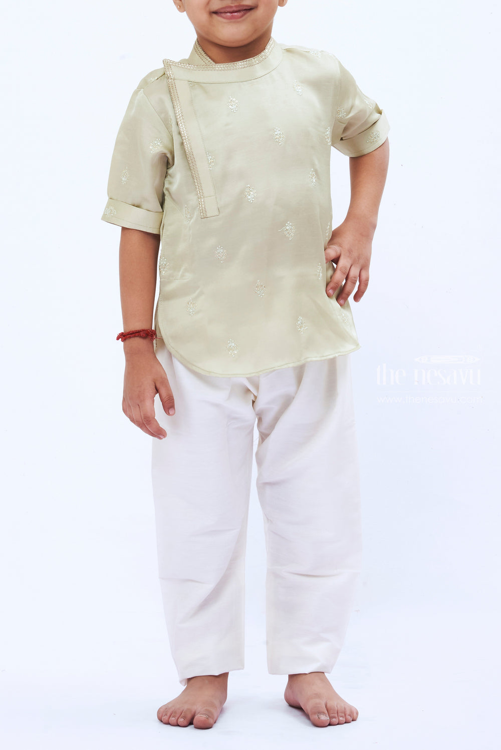 The Nesavu Boys Kurtha Shirt Boys Elegant Green Silk Kurta Shirt with Embellishment Nesavu Boys Silk Kurta | Luxurious Traditional Shirt for Special Occasions