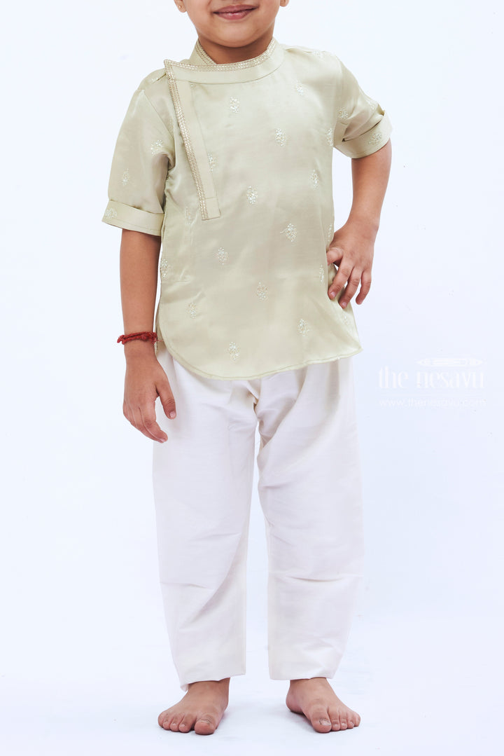 The Nesavu Boys Kurtha Shirt Boys Elegant Green Silk Kurta Shirt with Embellishment Nesavu Boys Silk Kurta | Luxurious Traditional Shirt for Special Occasions