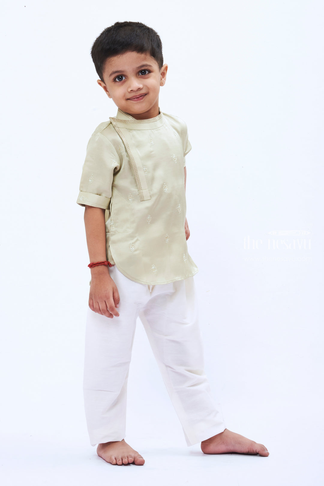 The Nesavu Boys Kurtha Shirt Boys Elegant Green Silk Kurta Shirt with Embellishment Nesavu Boys Silk Kurta | Luxurious Traditional Shirt for Special Occasions