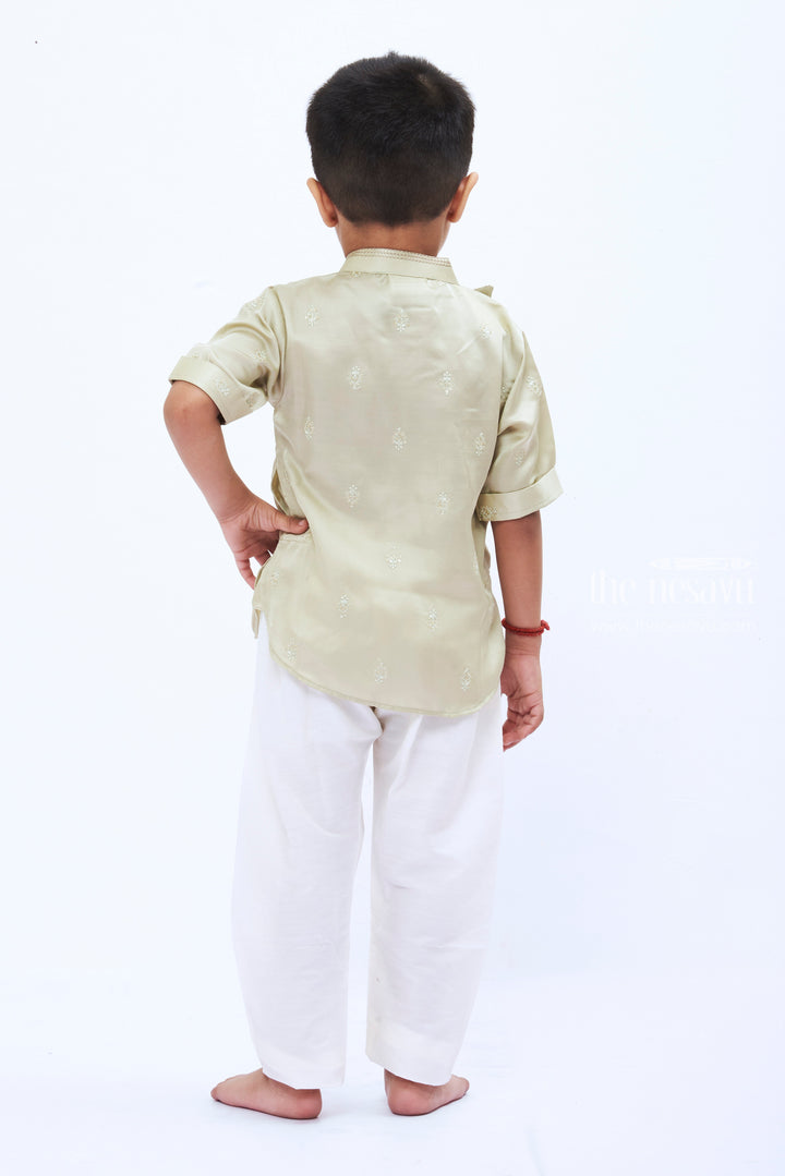 The Nesavu Boys Kurtha Shirt Boys Elegant Green Silk Kurta Shirt with Embellishment Nesavu Boys Silk Kurta | Luxurious Traditional Shirt for Special Occasions