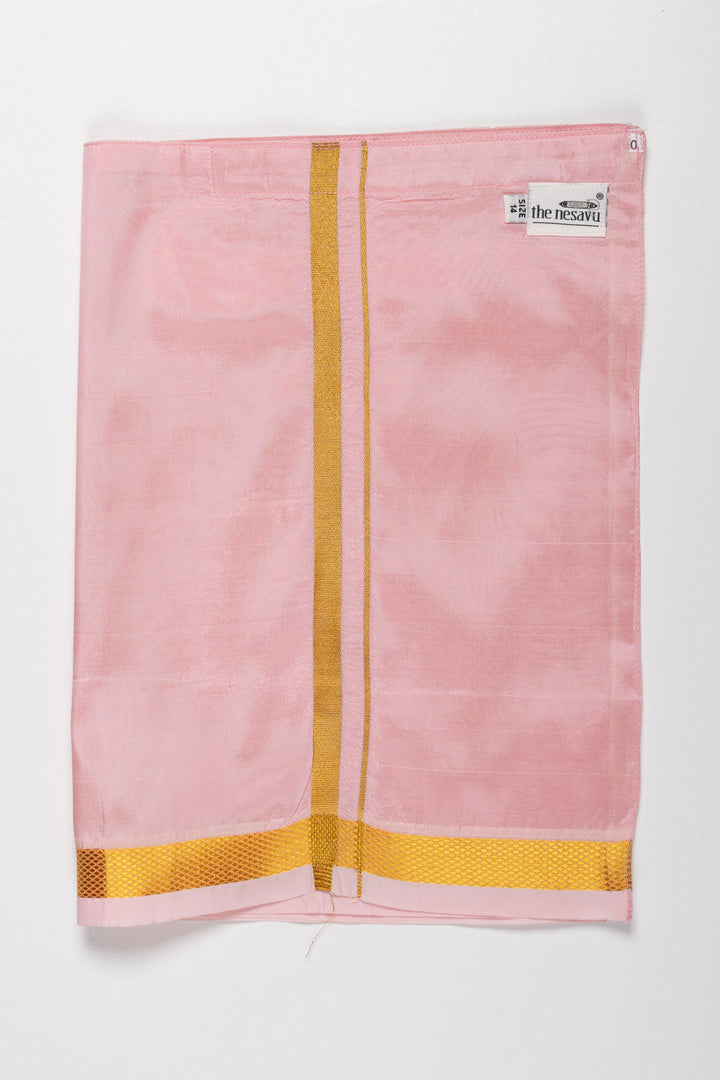 The Nesavu Boys Vesti Boys Elegant Silk Dhoti in Soft Pink with Golden Detailing Nesavu 14 (6M) / Pink / Blend Silk D008F-14 Shop Boys Pink Silk Dhoti with Golden Stripes | Traditional Festive Wear | The Nesavu