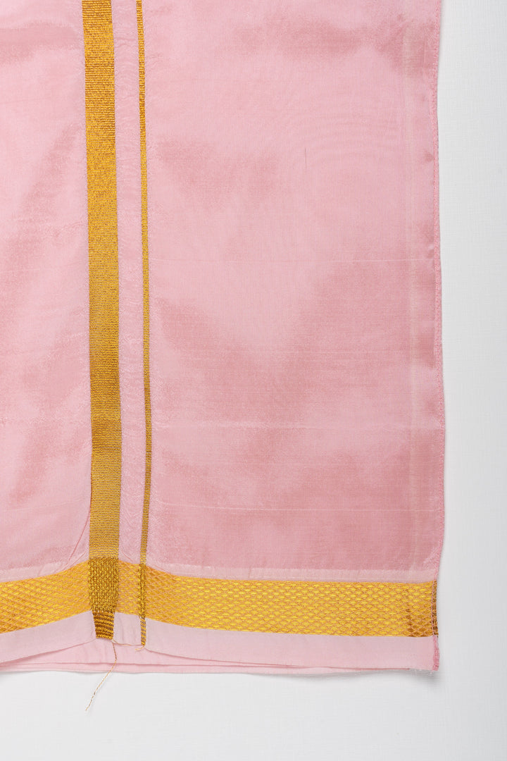 The Nesavu Boys Vesti Boys Elegant Silk Dhoti in Soft Pink with Golden Detailing Nesavu Shop Boys Pink Silk Dhoti with Golden Stripes | Traditional Festive Wear | The Nesavu