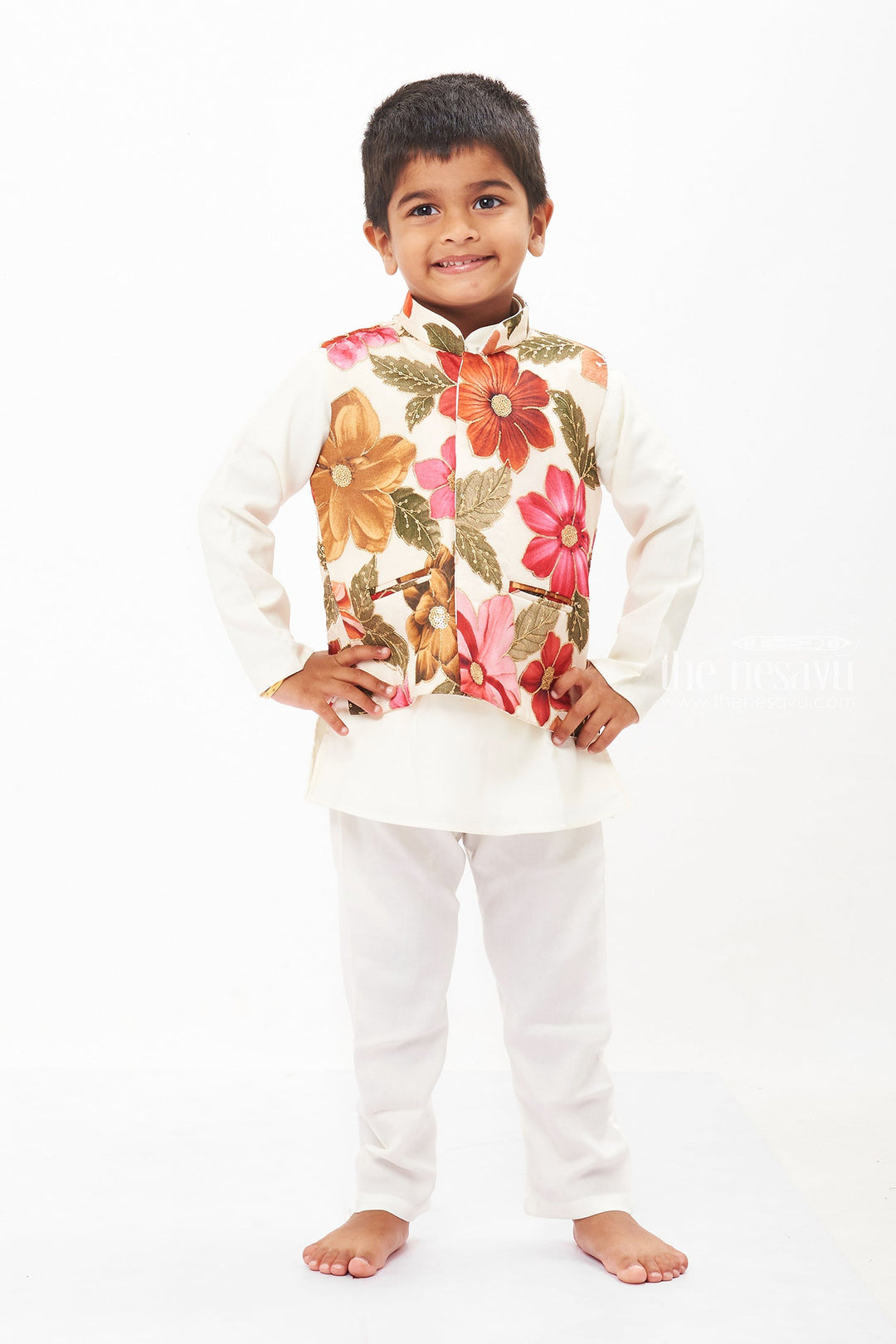 The Nesavu Boys Jacket Sets Boys Elegant White Kurta Set with Floral Jacket Nesavu 14 (6M) / Half white / Viscose Silk BES514B-14 Boys Floral Embellished Jacket with White Kurta Pant Set | Ethnic Charm | The Nesavu