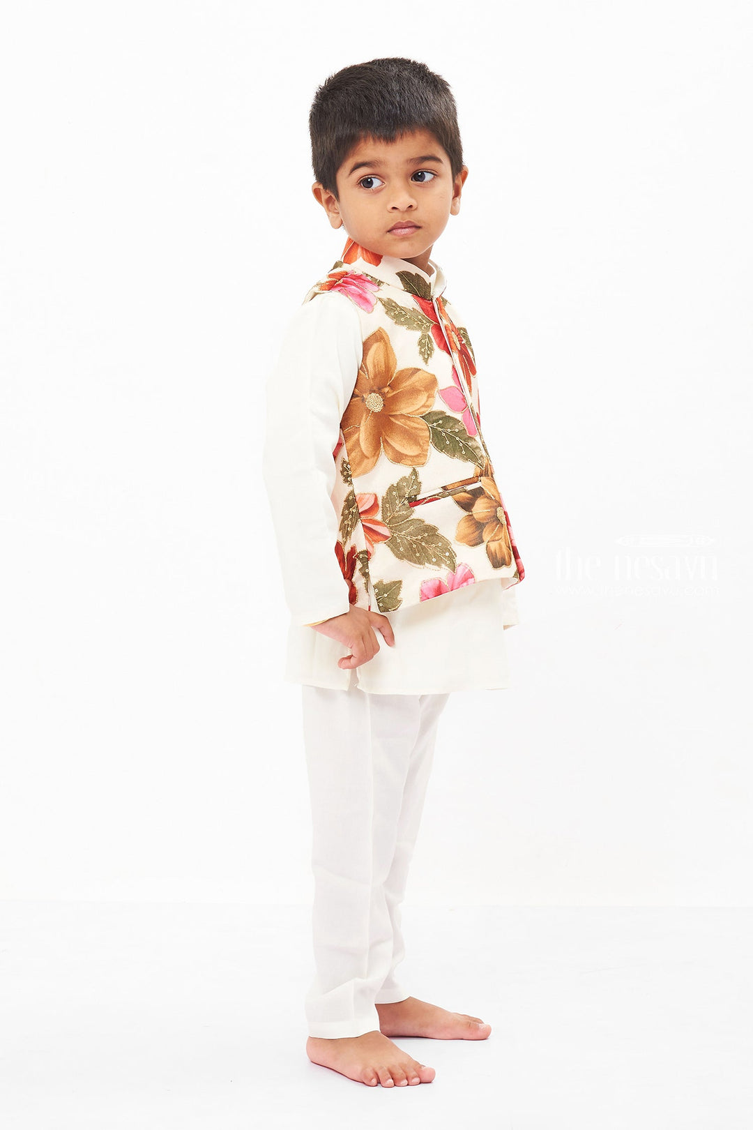 The Nesavu Boys Jacket Sets Boys Elegant White Kurta Set with Floral Jacket Nesavu Boys Floral Embellished Jacket with White Kurta Pant Set | Ethnic Charm | The Nesavu