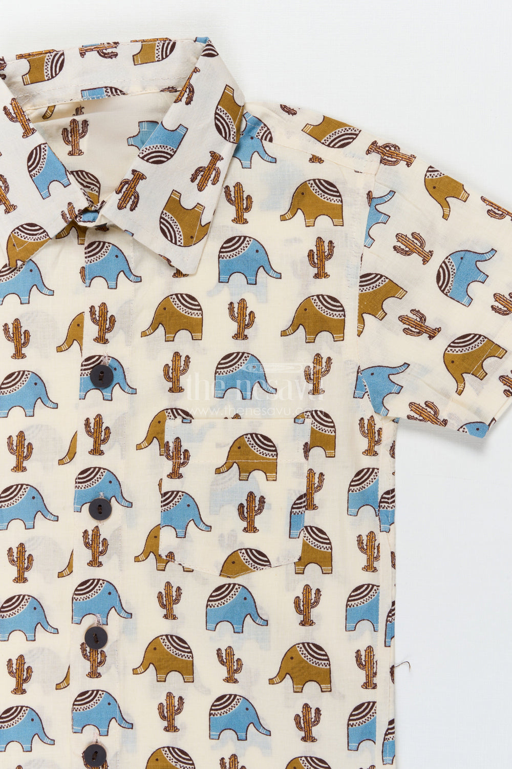 The Nesavu Boys Cotton Shirt Boys Elephant and Cactus Print Shirt for Travel and Casual Dressing Nesavu Nesavu boys cotton shirt with elephant and cactus print for travel, playdates and casual days