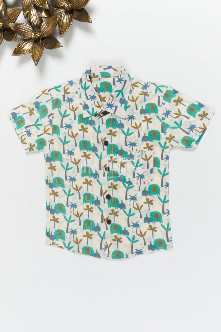 The Nesavu Boys Cotton Shirt Boys Elephant Print Cotton Shirt for Day Trips and Casual Wear Nesavu 20 (3Y) / Green / Cotton BS389A-20 Nesavu boys cotton shirt with elephant print for summer outings and zoo day adventures