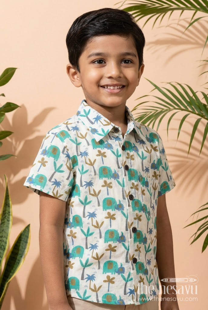 The Nesavu Boys Cotton Shirt Boys Elephant Print Cotton Shirt for Day Trips and Casual Wear Nesavu 20 (3Y) / Green / Cotton BS389A-20 Nesavu boys cotton shirt with elephant print for summer outings and zoo day adventures