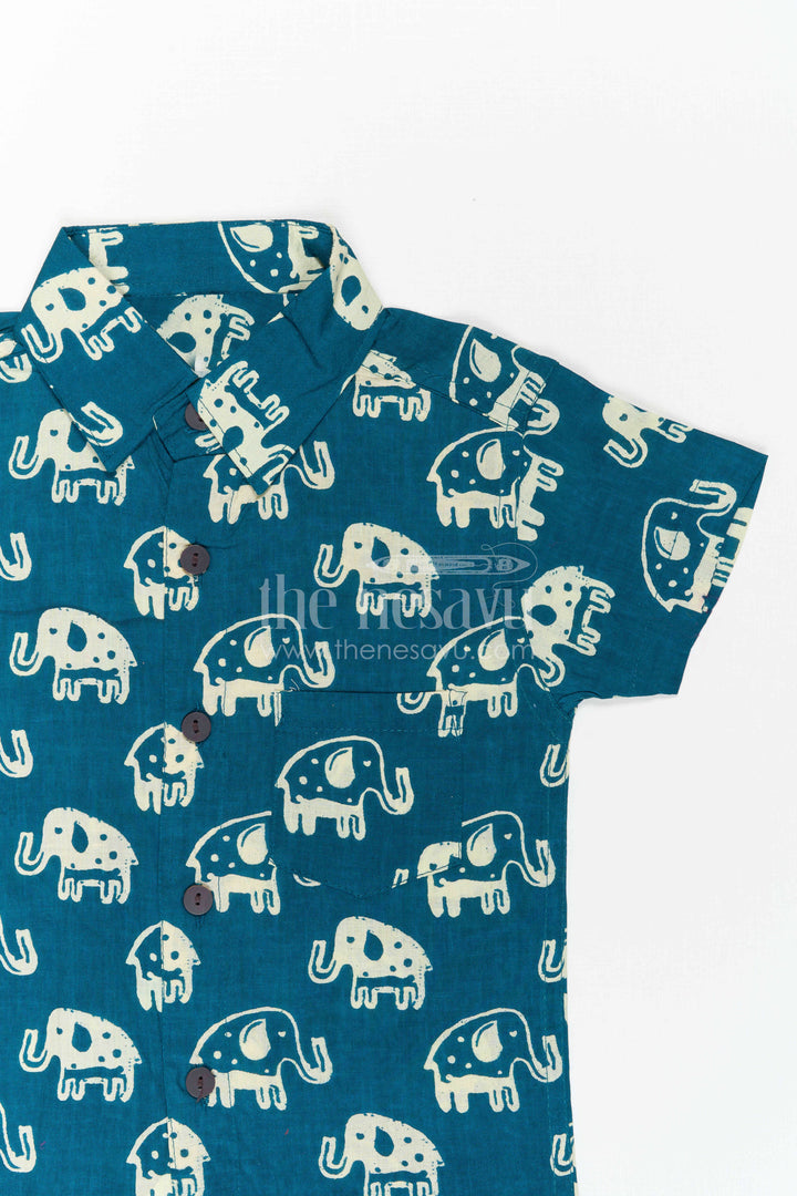 The Nesavu Boys Cotton Shirt Boys Elephant Print Cotton Shirt for Playful Casual Outings Nesavu Nesavu Boys Blue Cotton Shirt With Elephant Animal Print For Playful Casual Wear