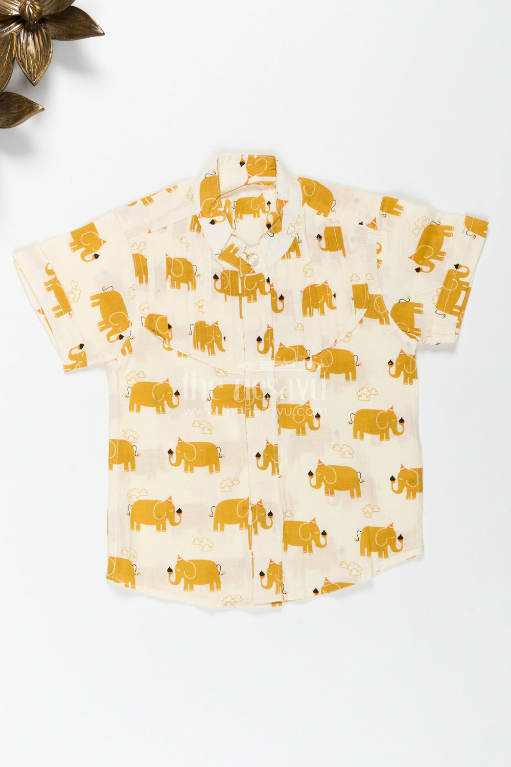 The Nesavu Boys Cotton Shirt Boys Elephant Print Cotton Shirt in Mustard Lightweight Summer Wear Nesavu 16 (1Y) / Yellow BS275B-16 Nesavu Boys Summer Cotton Shirt Mustard Elephant Design Lightweight Fabric Daily Comfort