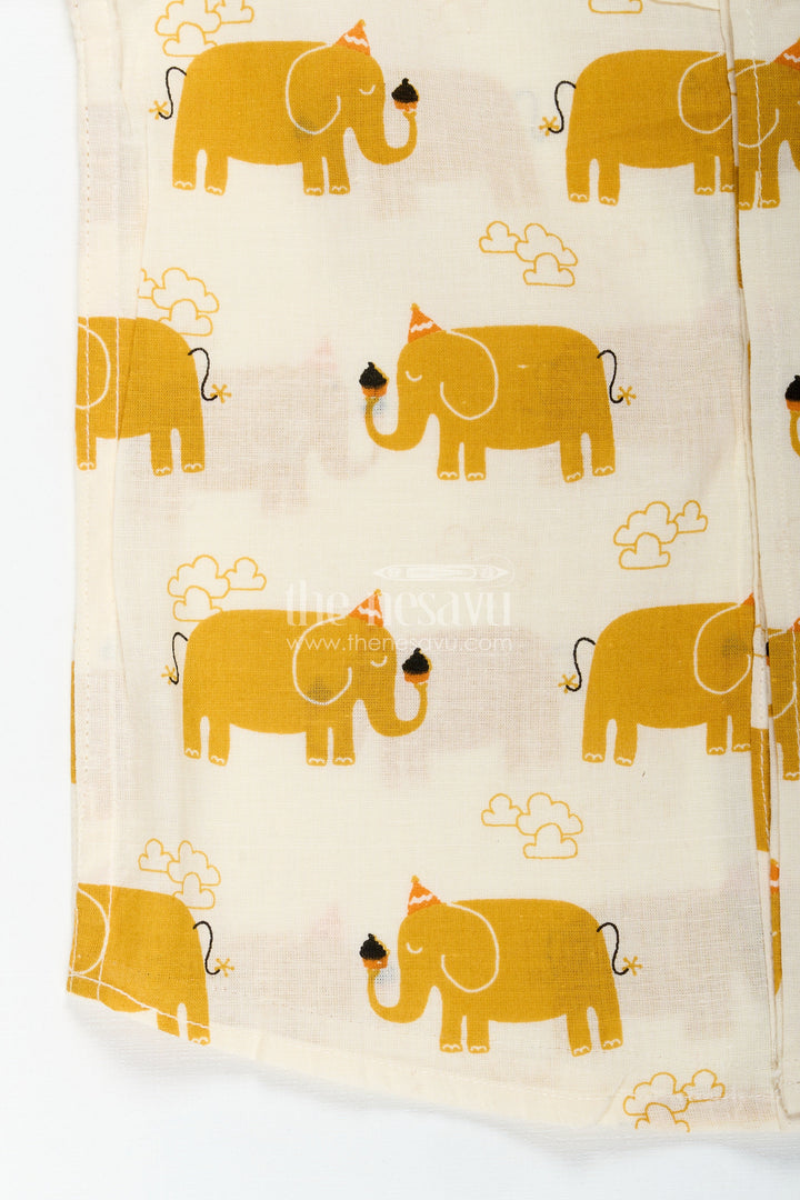 The Nesavu Boys Cotton Shirt Boys Elephant Print Cotton Shirt in Mustard Lightweight Summer Wear Nesavu Nesavu Boys Summer Cotton Shirt Mustard Elephant Design Lightweight Fabric Daily Comfort