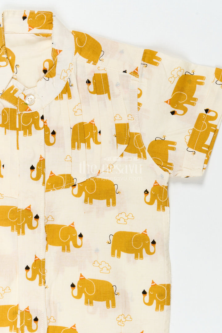 The Nesavu Boys Cotton Shirt Boys Elephant Print Cotton Shirt in Mustard Lightweight Summer Wear Nesavu Nesavu Boys Summer Cotton Shirt Mustard Elephant Design Lightweight Fabric Daily Comfort