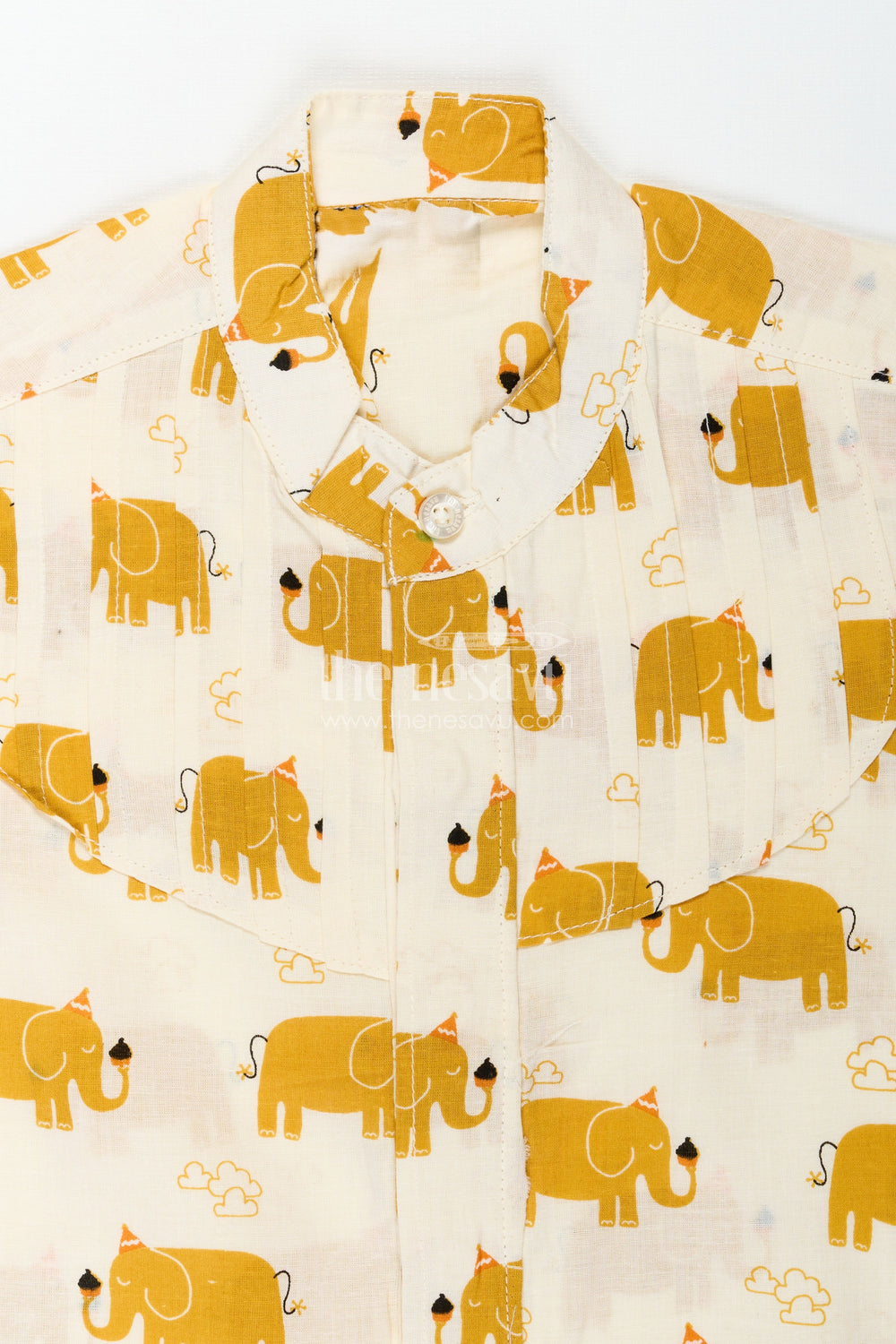 The Nesavu Boys Cotton Shirt Boys Elephant Print Cotton Shirt in Mustard Lightweight Summer Wear Nesavu Nesavu Boys Summer Cotton Shirt Mustard Elephant Design Lightweight Fabric Daily Comfort