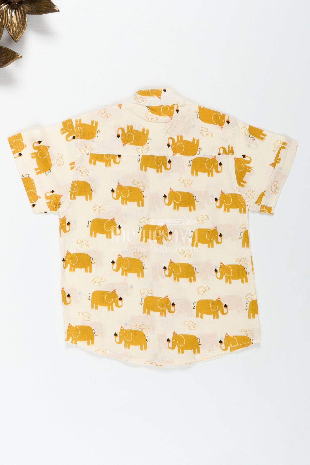 The Nesavu Boys Cotton Shirt Boys Elephant Print Cotton Shirt in Mustard Lightweight Summer Wear Nesavu Nesavu Boys Summer Cotton Shirt Mustard Elephant Design Lightweight Fabric Daily Comfort