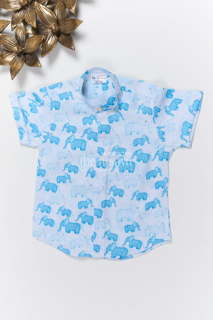 The Nesavu Boys Linen Shirt Boys Elephant Print Linen Shirt for Zoo Trips and Casual Wear Nesavu 16 (1Y) / Blue BS368A-16 Nesavu boys elephant print linen shirt zoo visits summer outings casual everyday wear