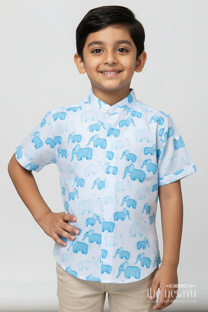 The Nesavu Boys Linen Shirt Boys Elephant Print Linen Shirt for Zoo Trips and Casual Wear Nesavu 16 (1Y) / Blue BS368A-16 Nesavu boys elephant print linen shirt zoo visits summer outings casual everyday wear