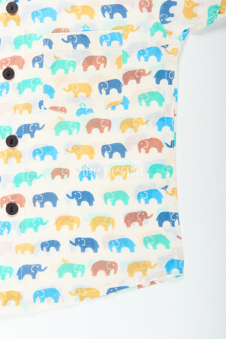 The Nesavu Boys Cotton Shirt Boys elephant print shirt in pastel cotton for festive and everyday wear Nesavu Nesavu boys pastel elephant print cotton shirt  festive lightweight summer events