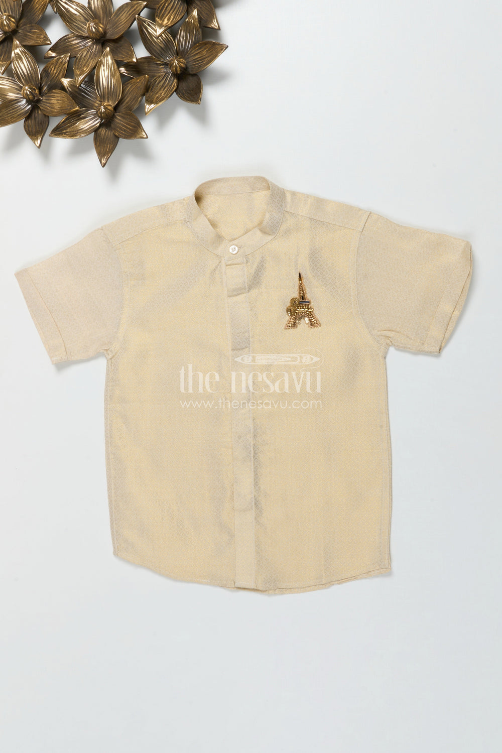 The Nesavu Boys Silk Shirt Boys Embossed Silk Shirt for Weddings and Traditional Occasions Nesavu 24 (5Y) / Cream BS3783A-24 Nesavu boys embossed tissue silk shirt for weddings and festive traditional functions