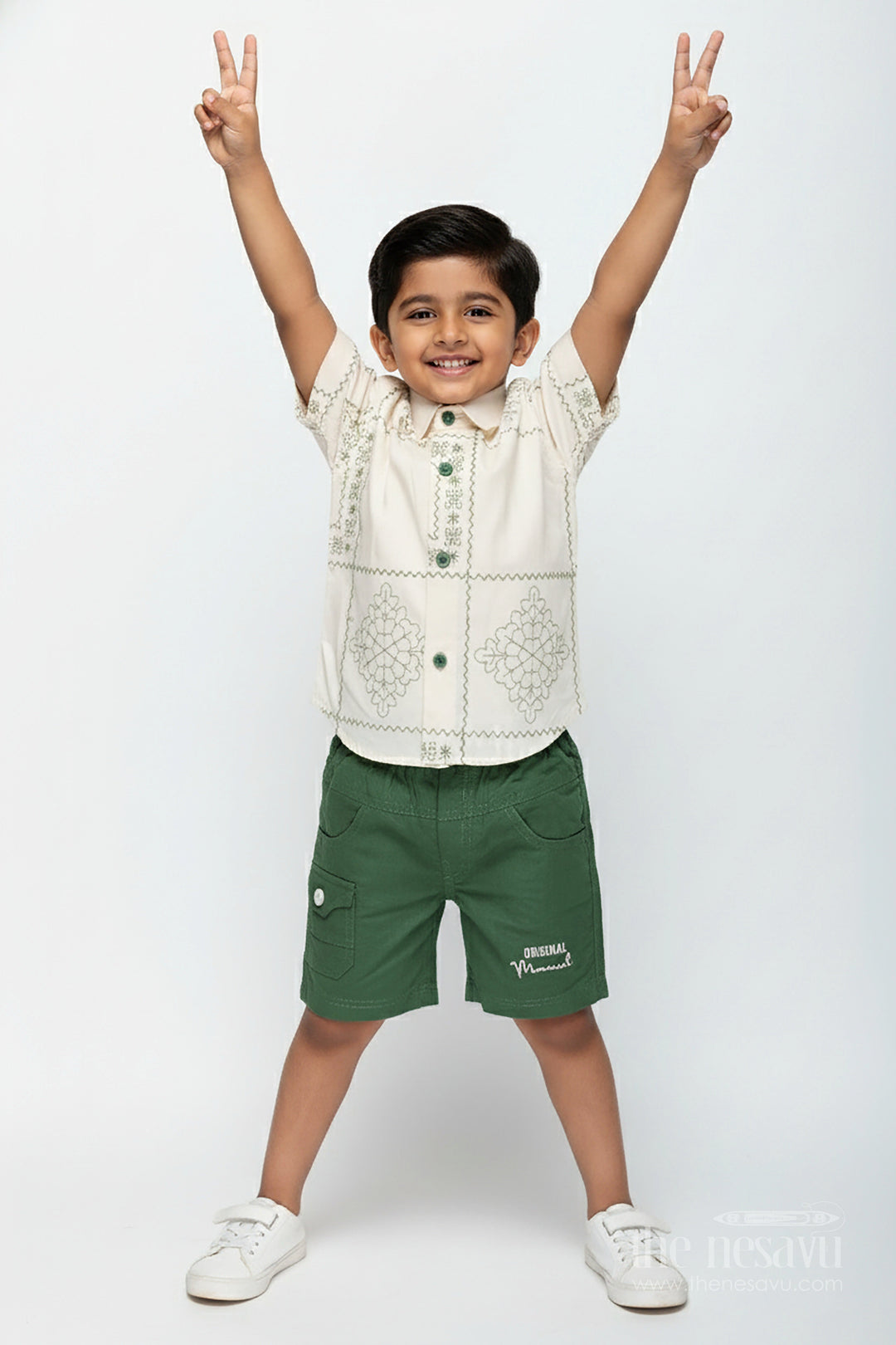 The Nesavu Boys Casual Set Boys Embroidered Cotton Shirt and Green Shorts Set for Casual Wear Nesavu 14 (6M) / Cream BCS361A-14 Nesavu Boys Cotton Embroidered Shirt Green Shorts Set Casual Wear Functions
