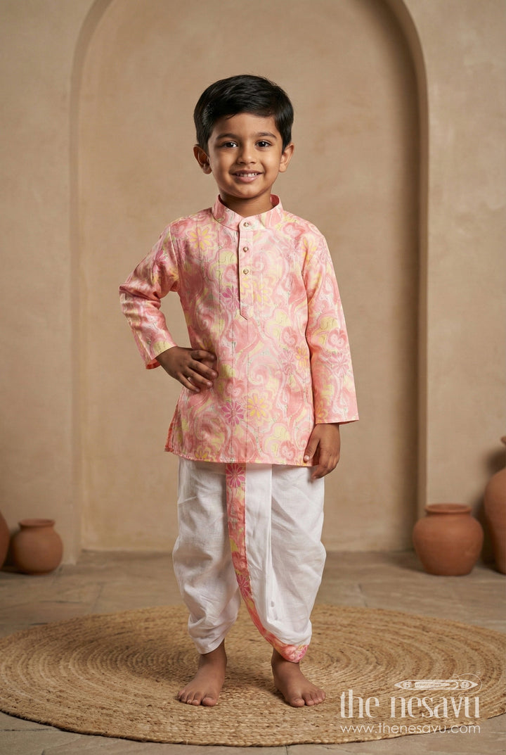 The Nesavu Boys Dothi Set Boys Embroidered Dhoti Kurta Set for Wedding Functions and Cultural Festivities Nesavu 14 (6M) / Orange BES927A-14 Nesavu boys embroidered silk blend dhoti kurta set festive ethnic wear weddings traditional celebrations