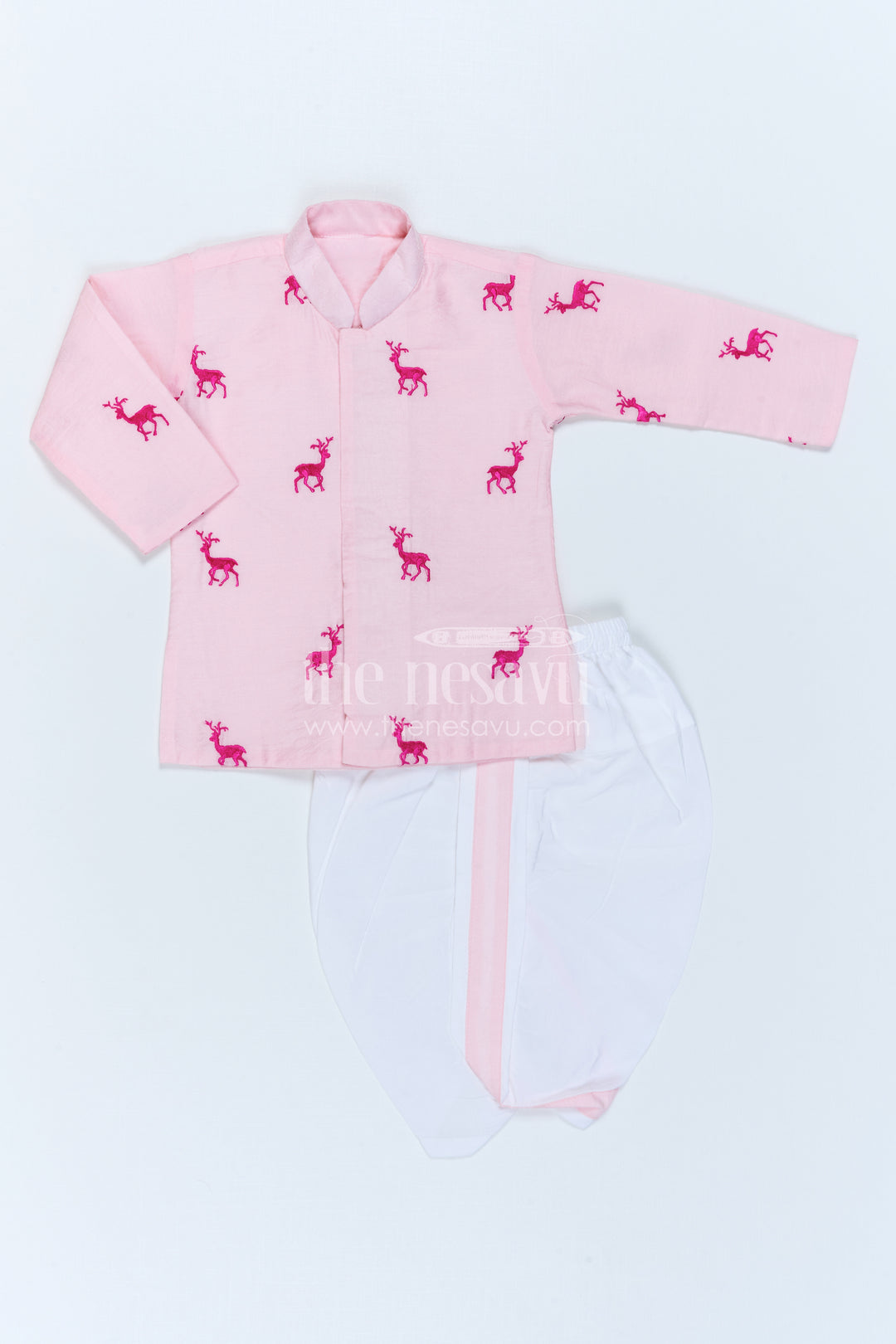 The Nesavu Boys Dothi Set Boys Embroidered Dothi Set for Festive Family Celebrations Nesavu 10 (NB) / Pink / Viscose Silk BES1024A-10 Nesavu Boys Embroidered Dothi Set With Thread Work Kurta For Festive Family Occasions