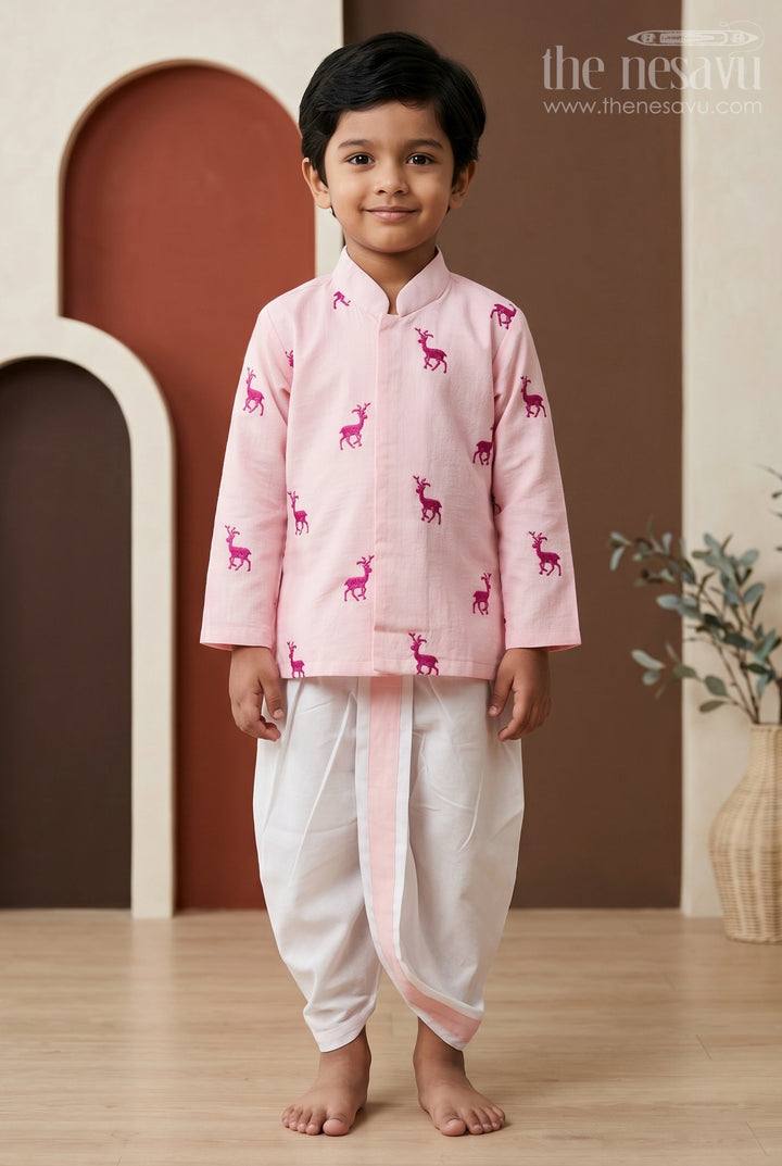 The Nesavu Boys Dothi Set Boys Embroidered Dothi Set for Festive Family Celebrations Nesavu 10 (NB) / Pink / Viscose Silk BES1024A-10 Nesavu Boys Embroidered Dothi Set With Thread Work Kurta For Festive Family Occasions